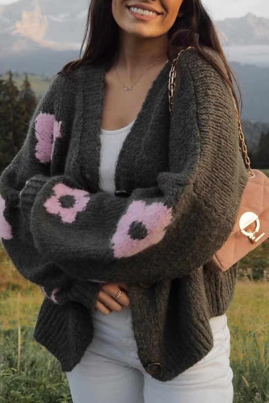 Abrigo de punto estilo perezoso con cuello en V e intarsia 3D 