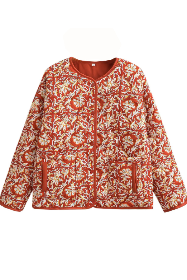 Chaqueta acolchada de algodón holgada con cuello en V y estampado floral