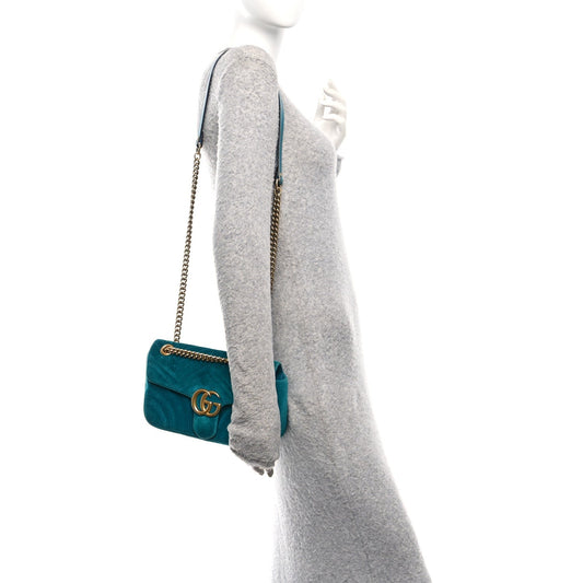 Velvet Matelasse Small GG Marmont Shoulder Bag Pavone Cyan