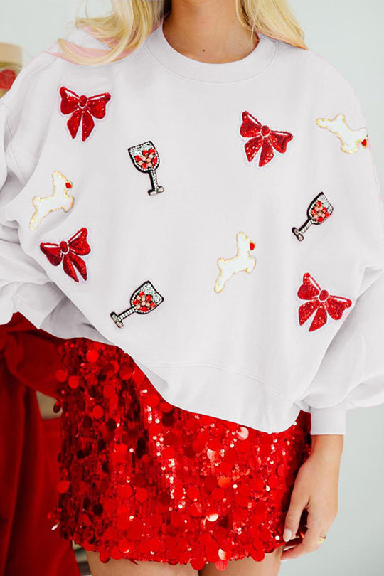 Sudadera holgada de manga larga con lentejuelas y copa de vino con lazo navideño