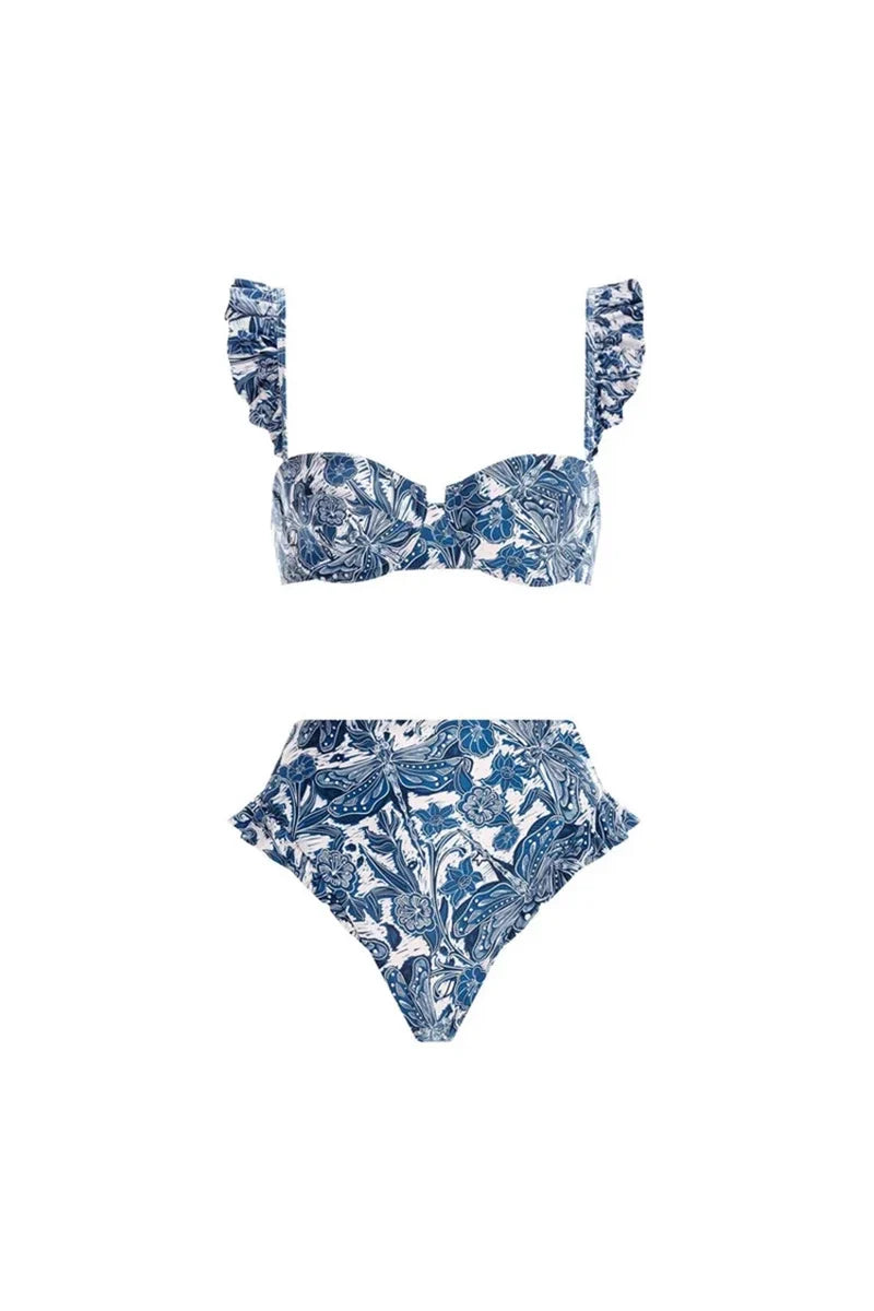 Blue Dragonfly Ruffle Skirt Swimsuit Set
