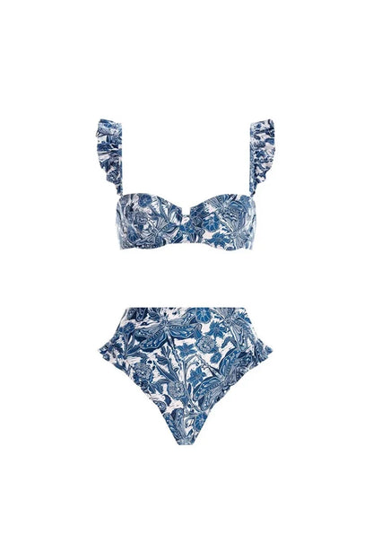 Blue Dragonfly Ruffle Skirt Swimsuit Set
