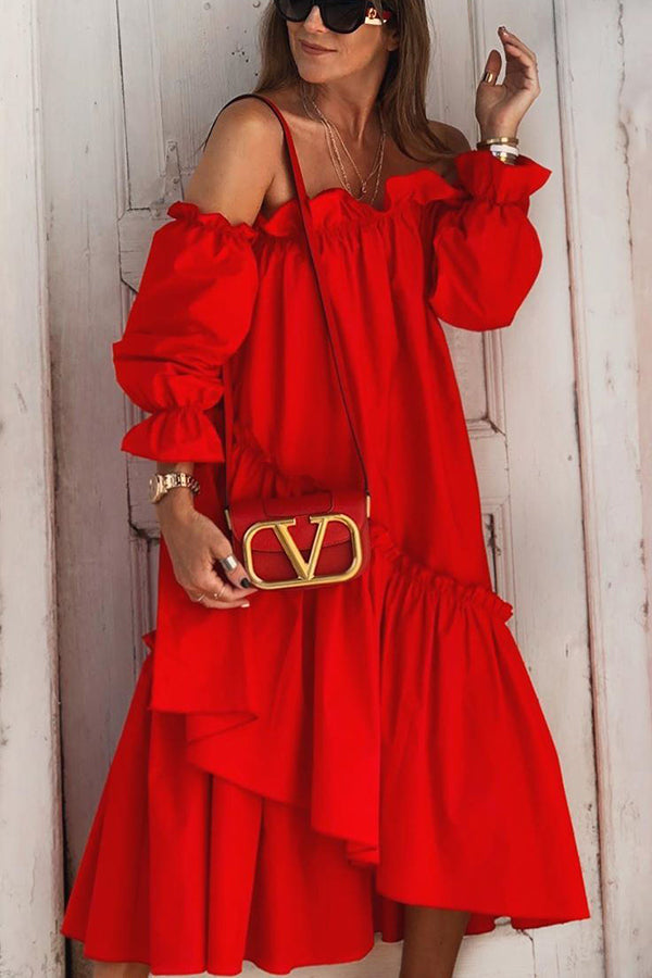 Vestido midi holgado con hombros descubiertos y volantes irregulares de Fionna