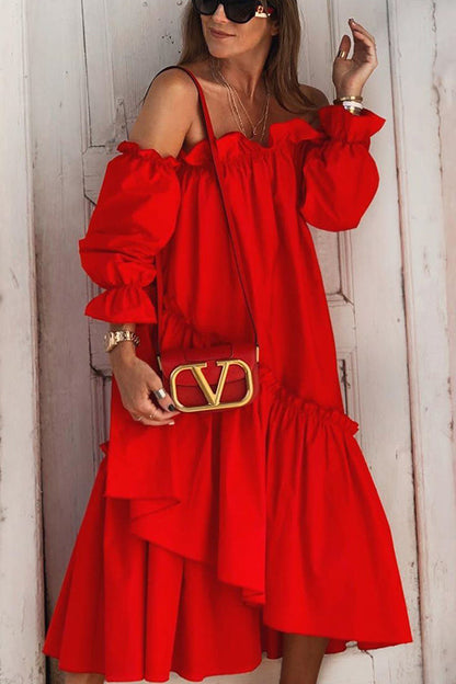 Vestido midi holgado con hombros descubiertos y volantes irregulares de Fionna