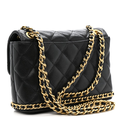 Caviar Quilted Camellia Chain Around Flap Black