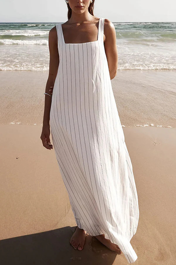 Vestido largo sencillo y deslumbrante de mezcla de lino con detalle de raya diplomática y escote cuadrado.
