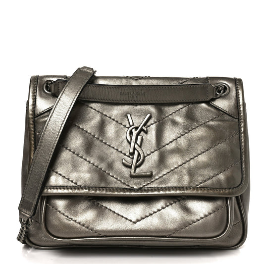 Crinkled Calfskin Matelasse Monogram Baby Niki Chain Satchel Platinum