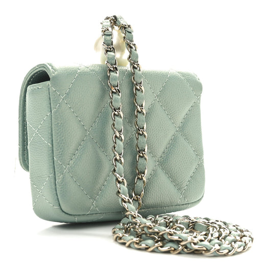 Iridescent Caviar Quilted Pearl On Top Coin Purse With Chain Light Green