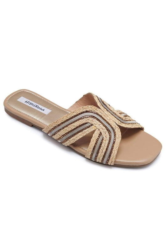 Pantuflas tipo mule de paja tejida con adornos Cara 