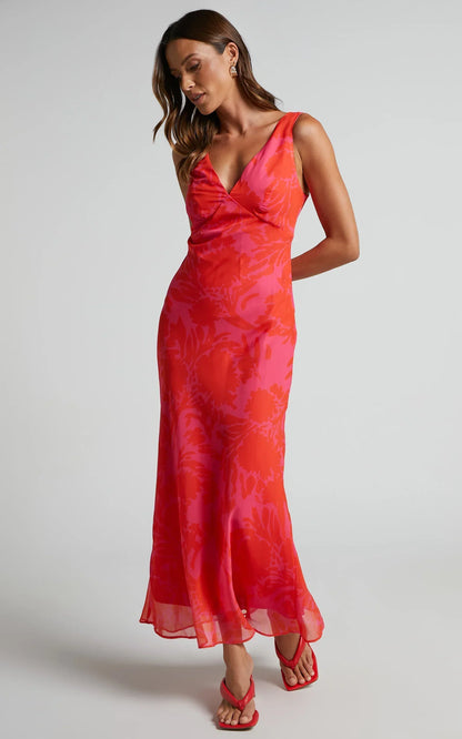 Jodie Midi Dress - V Neck Slip Dress in Pink Floral