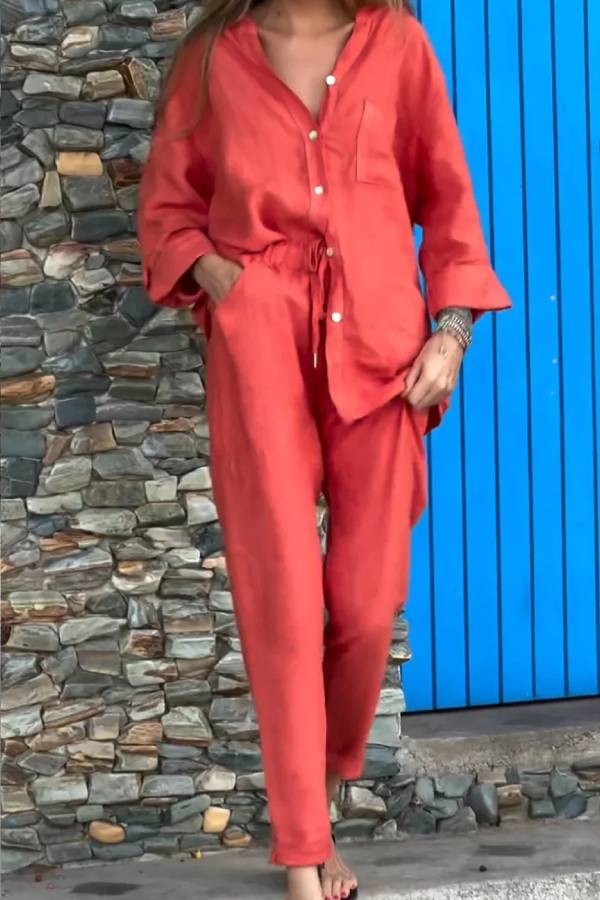 Conjunto informal de dos piezas de algodón y lino con cuello en V, camisa y pantalón de color liso 