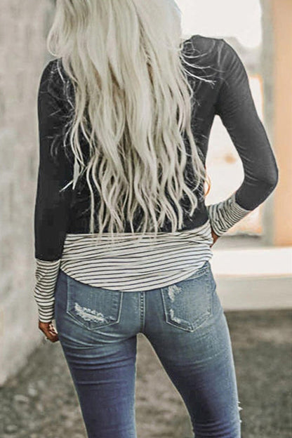 Camiseta informal de manga larga a rayas con bolsillo de lentejuelas