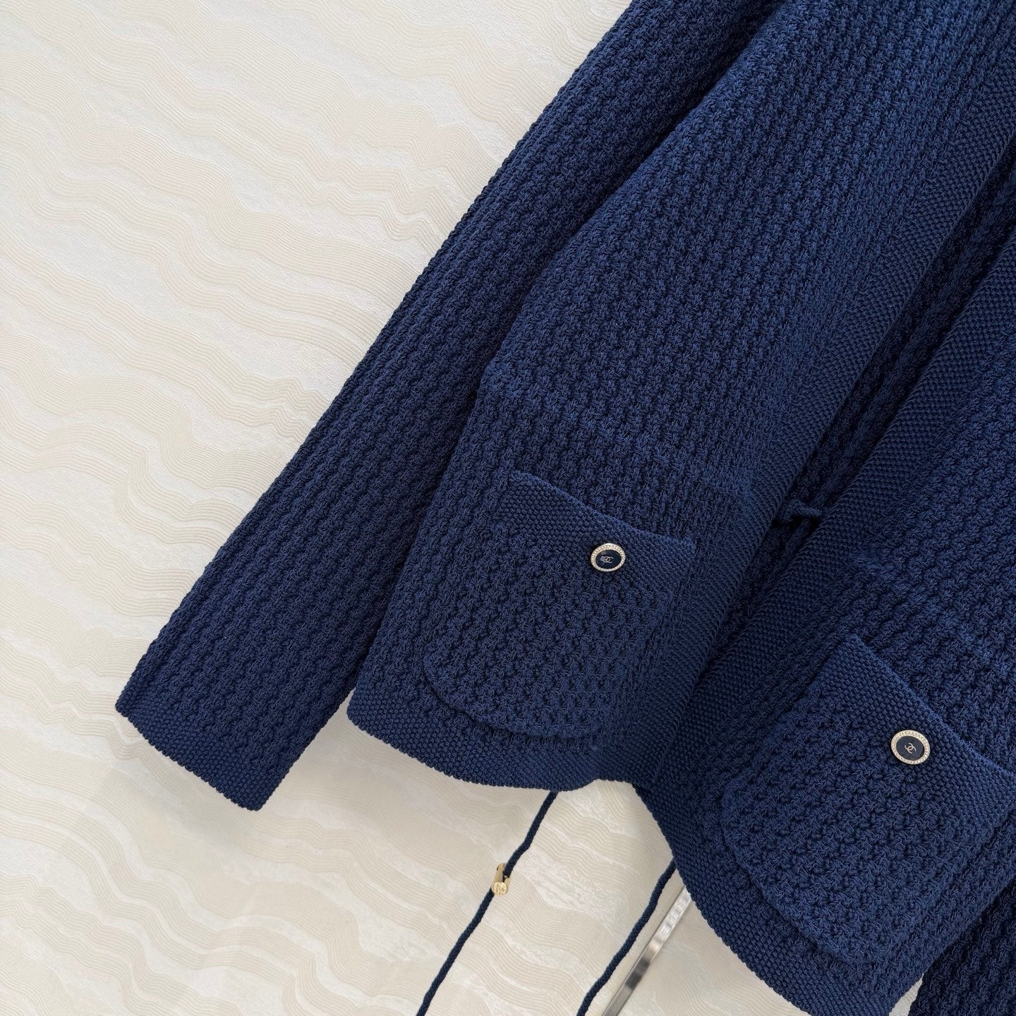 Chanel 26c Rhinestone Buckle Belt Cardigan Blue Wool 333721