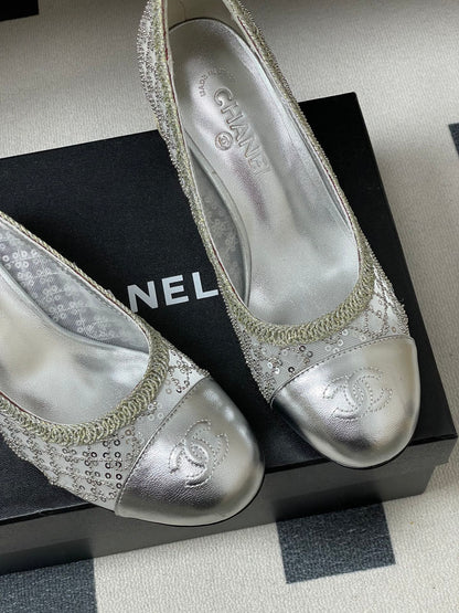 CC 26 Beaded Sequin Pump With Double C Pearl Heel Silver Mesh Leather 593160