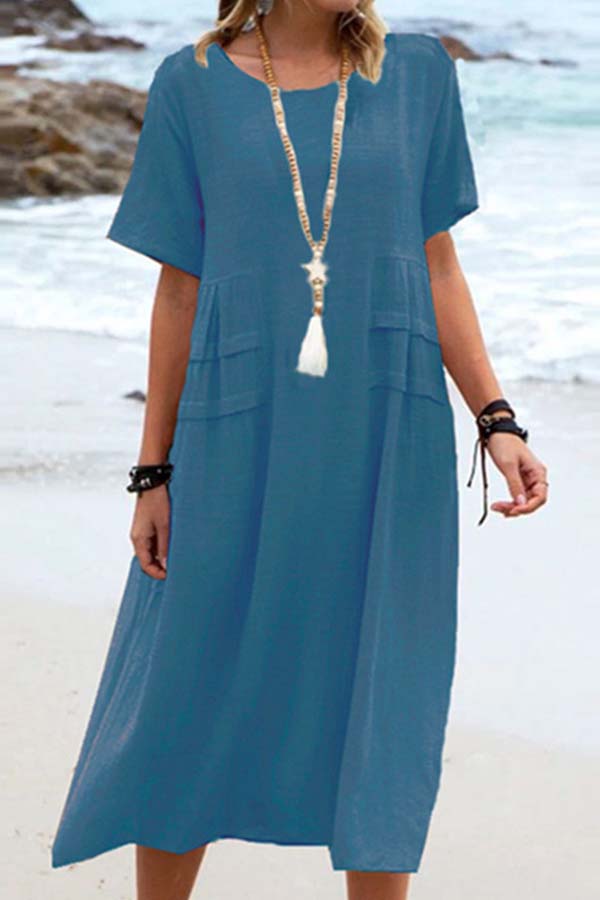 Vestido de verano holgado informal de algodón y lino, color liso, cuello redondo, manga corta y largo medio