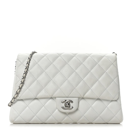 Caviar Quilted Clutch With Chain Flap White