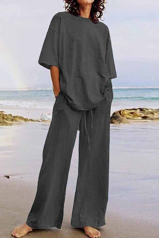 Conjunto informal de dos piezas con cuello redondo, manga corta (11 colores)