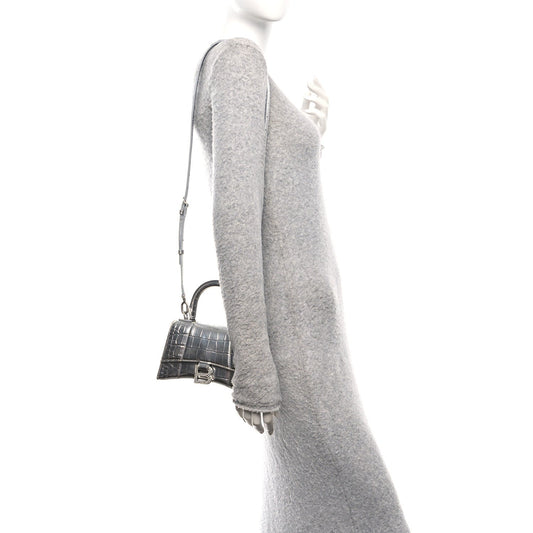 Metallic Calfskin Crocodile Embossed Crystal Hourglass Top Handle Bag XS Silver