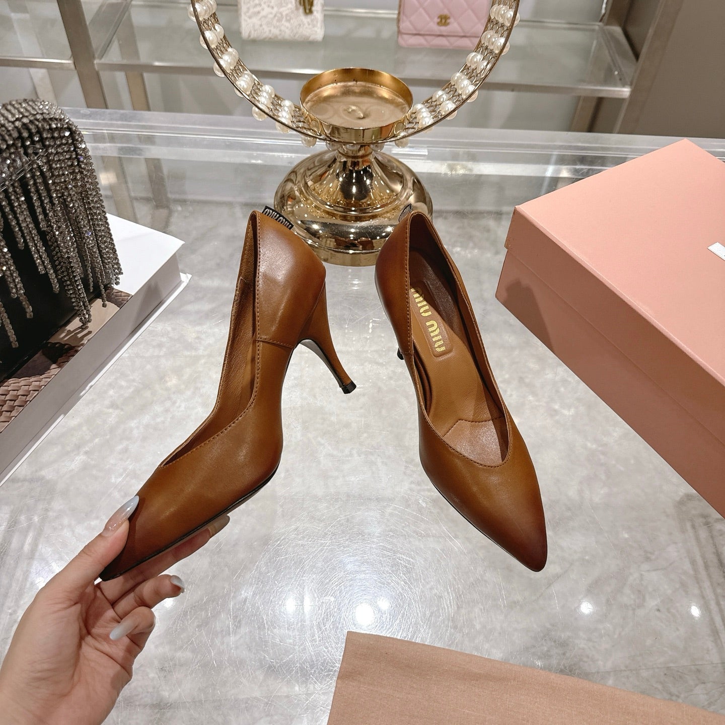 Miu High Heel Pumps Camel Brown Sheepskin 592079