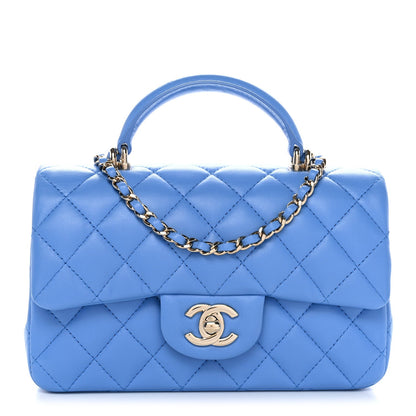 Lambskin Quilted Mini Top Handle Rectangular Flap Blue