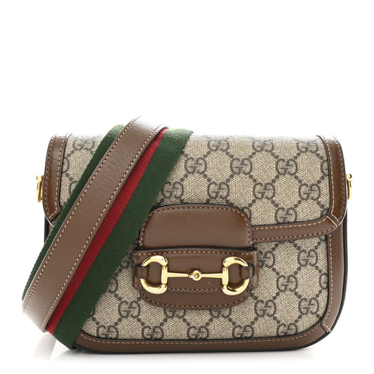 GG Supreme Monogram Web Mini Horsebit 1955 Shoulder Bag Beige Brown Sugar