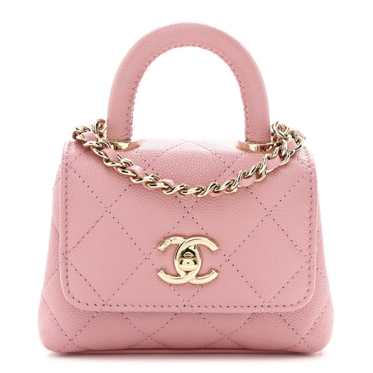 Caviar Quilted Nano Coco Handle Clutch With Chain Pink