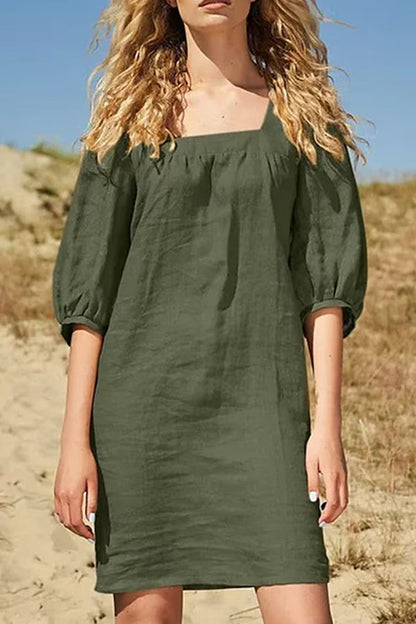Vestido de lino y algodón con cuello cuadrado, informal, de estilo minimalista, con mangas abullonadas