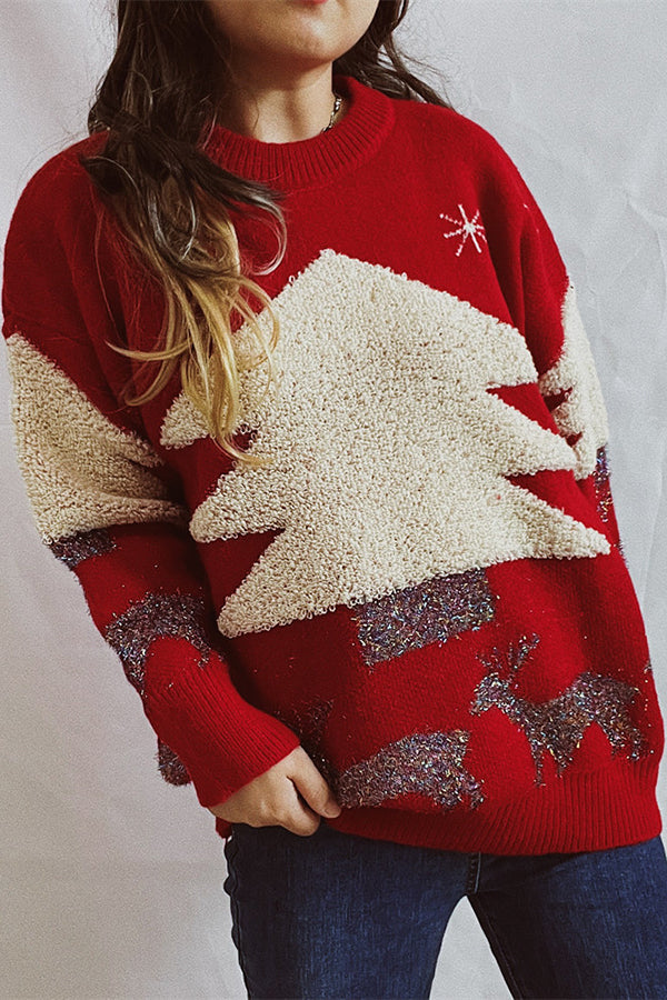 Suéter de punto de cuello redondo y manga larga con estampado navideño