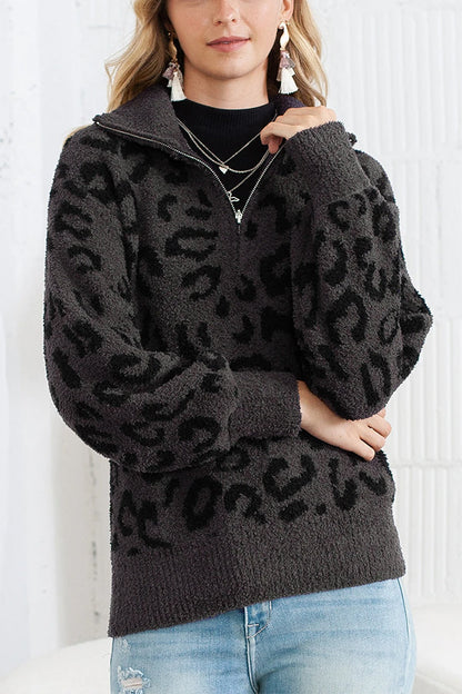 Suéter casual con cuello y cremallera y estampado animal