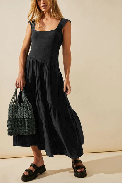 VESTIDO MÁXIMO FEMENINO CON VOLANTES Y FRANJA