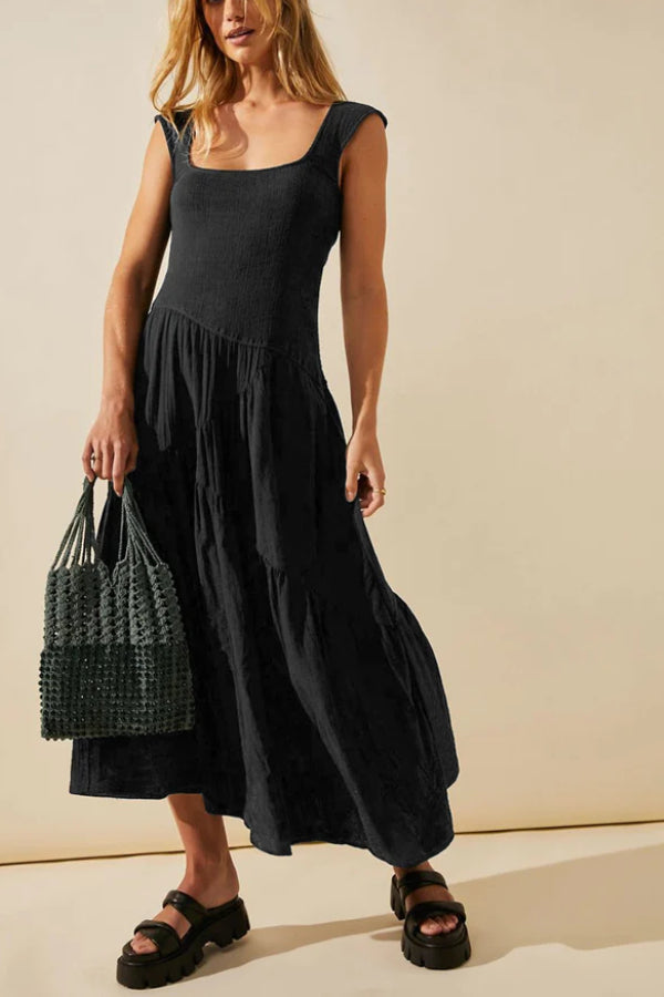 VESTIDO MÁXIMO FEMENINO CON VOLANTES Y FRANJA