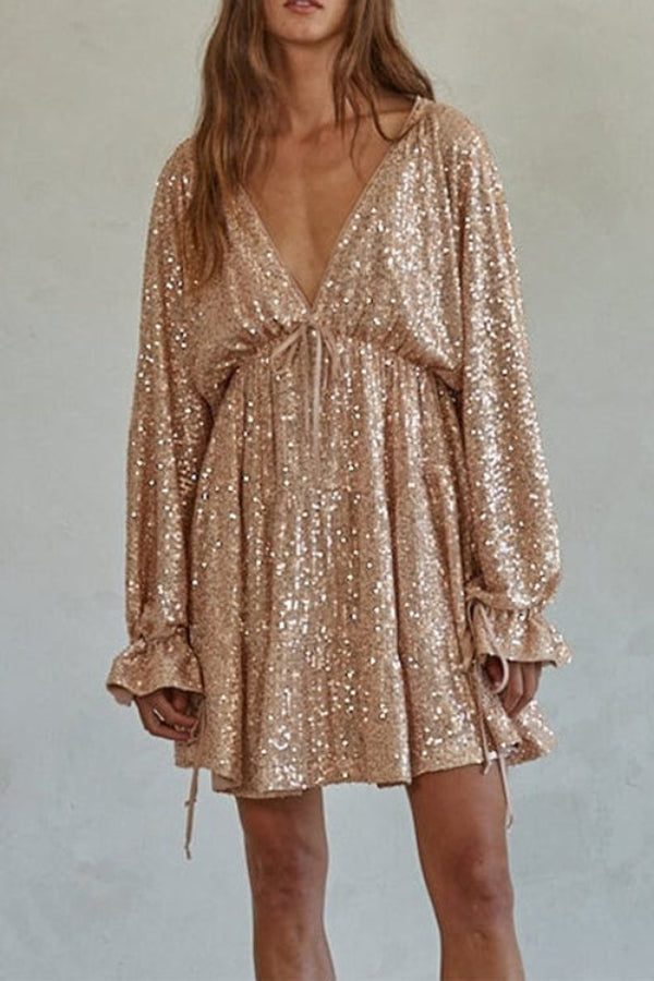 Vestido de lentejuelas con cordón, espalda descubierta, mangas globo y cuello en V