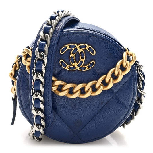 Lambskin Quilted Chanel 19 Round Clutch With Chain  Navy