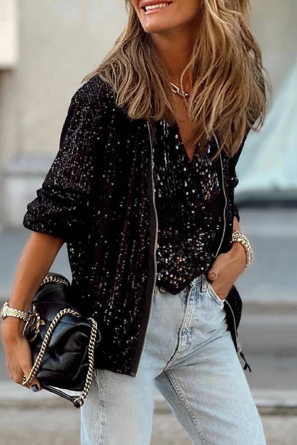 Chaqueta negra con cremallera y lentejuelas 