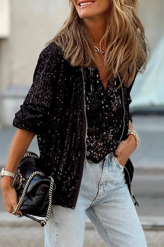 Chaqueta negra con cremallera y lentejuelas 