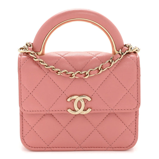 Lambskin Quilted Top Handle Flap Clutch With Chain Pink