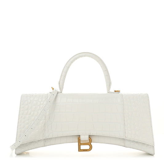 Shiny Calfskin Crocodile Embossed Tonal B Hourglass Stretch Top Handle Bag White