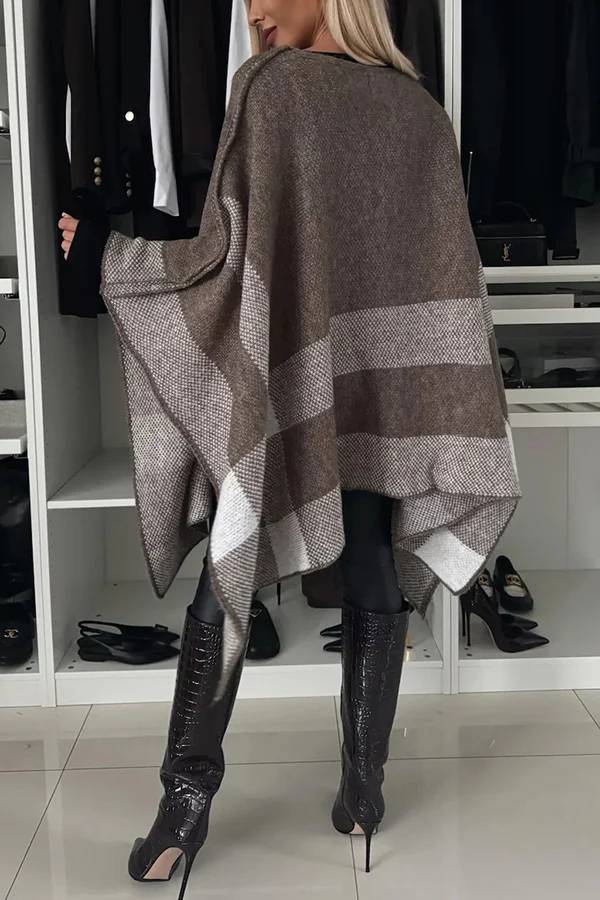 Poncho holgado con mangas murciélago, de punto a cuadros y bloques de color, tranquilo y elegante 