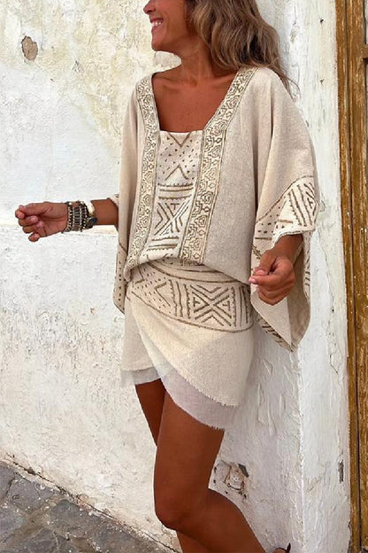 Blusa holgada con mangas dolman y estampado étnico de mezcla de lino Cierra