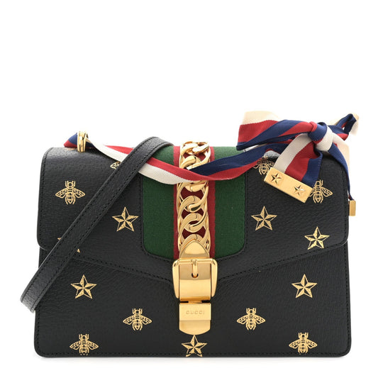 Textured Calfskin Bee Star Print Small Sylvie Shoulder Bag Black