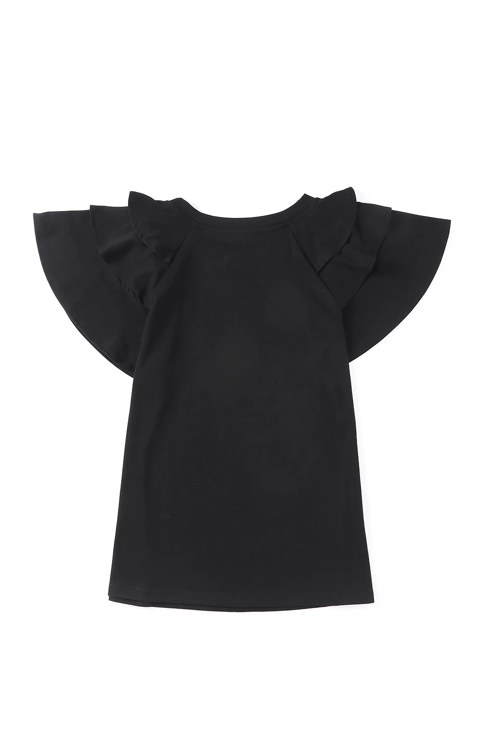 Camiseta negra lisa con volantes escalonados y cuello redondo informal