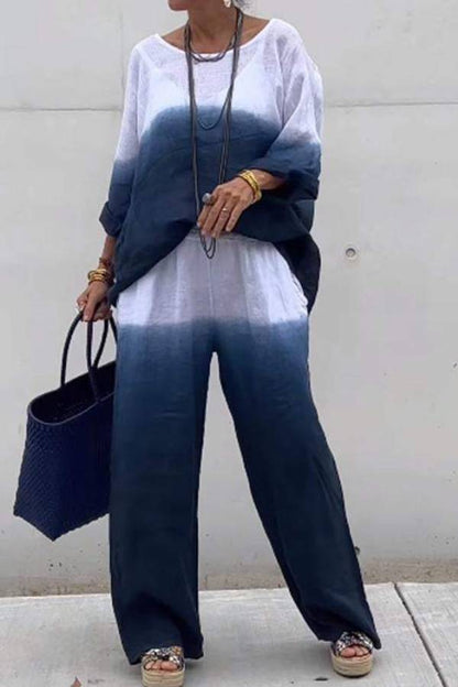 Conjunto de dos piezas de algodón y lino degradado para mujer 