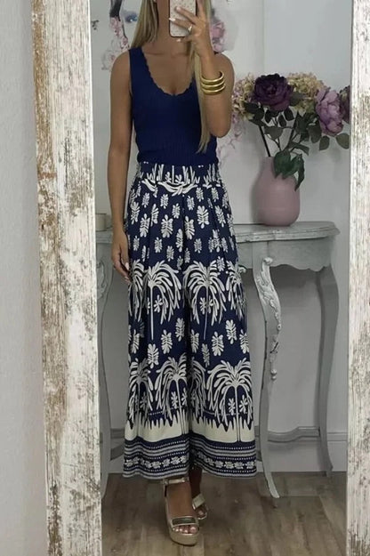 Pantalones anchos de pierna para vacaciones con bolsillo suelto y cintura elástica con estampado único