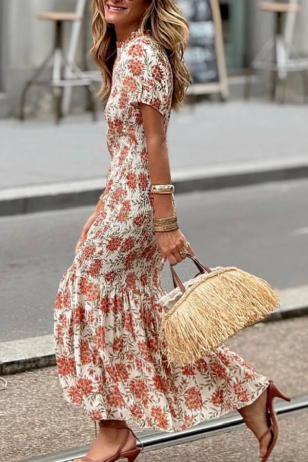 Falda larga ajustada con cintura floral para playa, informal y festiva