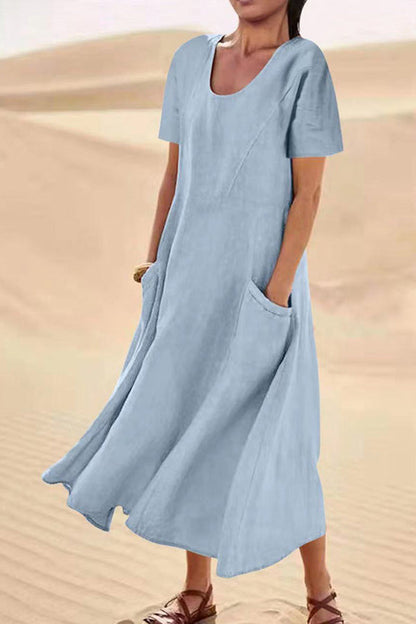 Vestido holgado informal de lino y algodón de color liso con bolsillos