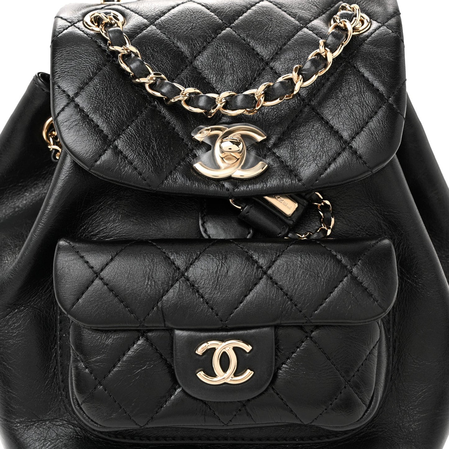 Glazed Aged Calfskin Quilted Small Duma Drawstring Backpack Black