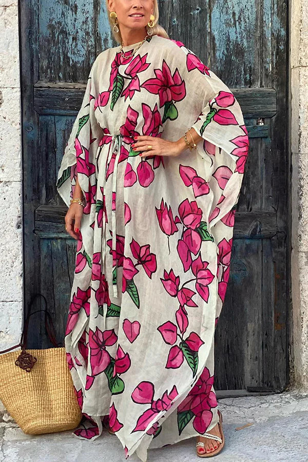 Vestido largo holgado con cinturón y mangas dolman con estampado floral 