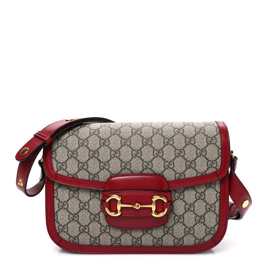 GG Supreme Monogram Azalea Calfskin Horsebit 1955 Shoulder Bag Beige Ebony New Cherry Red