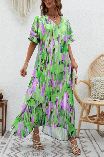 Vestido elegante de cintura alta con cuello en V y vuelo holgado 