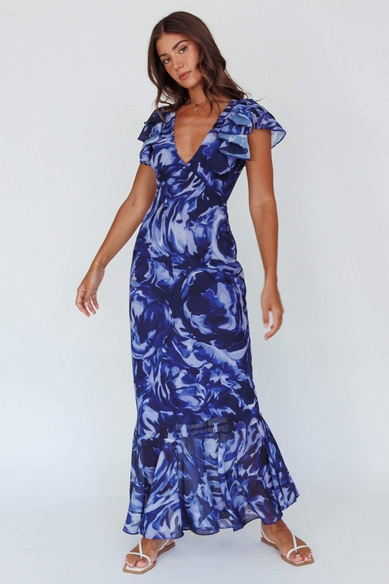Vestido largo con volantes y cuello en V estampado Cecil 